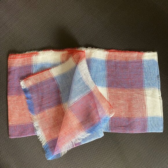 NWT Made In Italy 100% Linen Frayed Scarf Wrap Red Blue White Plaid 20 x 78 in - Picture 6 of 8